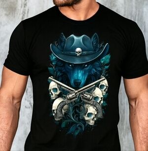 Gothic Western Wolf Graphic Tee – Cowboy Skull Hat, Dark Fantasy Biker Rock Tee